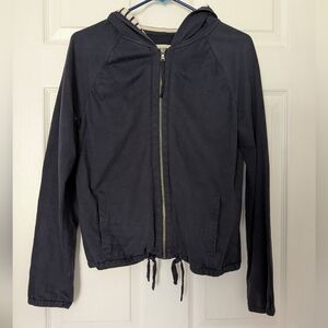 Loft Navy Blue Hooded Zip Up Sweatshirt With Ties On Bottom And Striped Hood